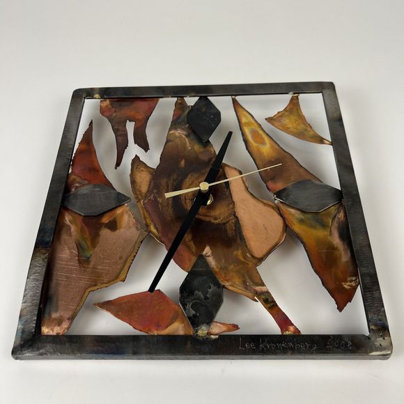 Lee J Kronenberg Copper Metal Clock Abstract Cubism Brutalist Folk Art Signed 9” - Picture 3 of 12